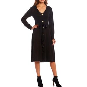 Eliza J Long Sleeve Knitted A-Line V Neck Black Dress Women's Size Small New